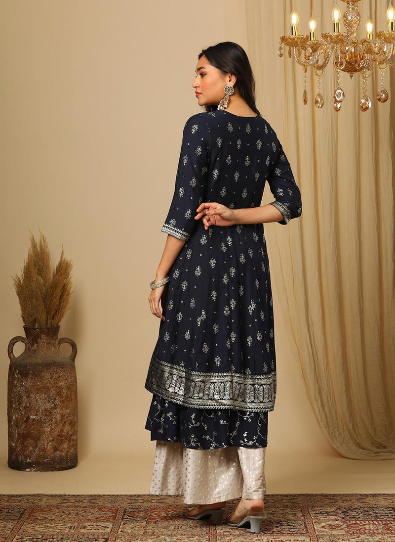 Globus Women Ethnic Motifs Printed Flared Sleeves Block Print Anarkali Festive Kurta - Image 4